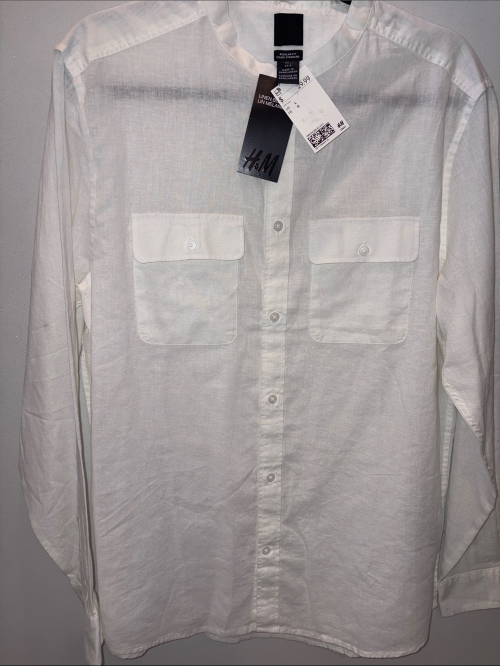 H&M Men's White Button-Down Linen-Blend Shirt